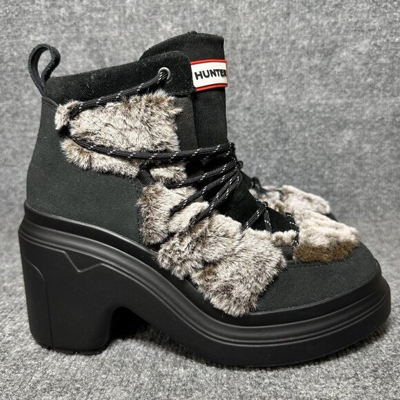 Hunter Discoverer Women Mid Lace-Up Exposed Faux Fur Leather Heel Boots Sz 7 NWT - Picture 1 of 10